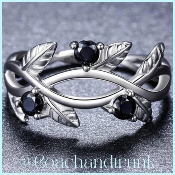 925 Hallmark 3 Round Black Spinel Prong Set Etched Winding Vine Band Ring Size 8 - Picture 2 of 3